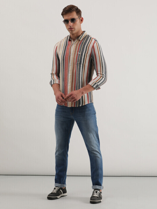 Lee Men's Striped Beige Shirt (Slim)