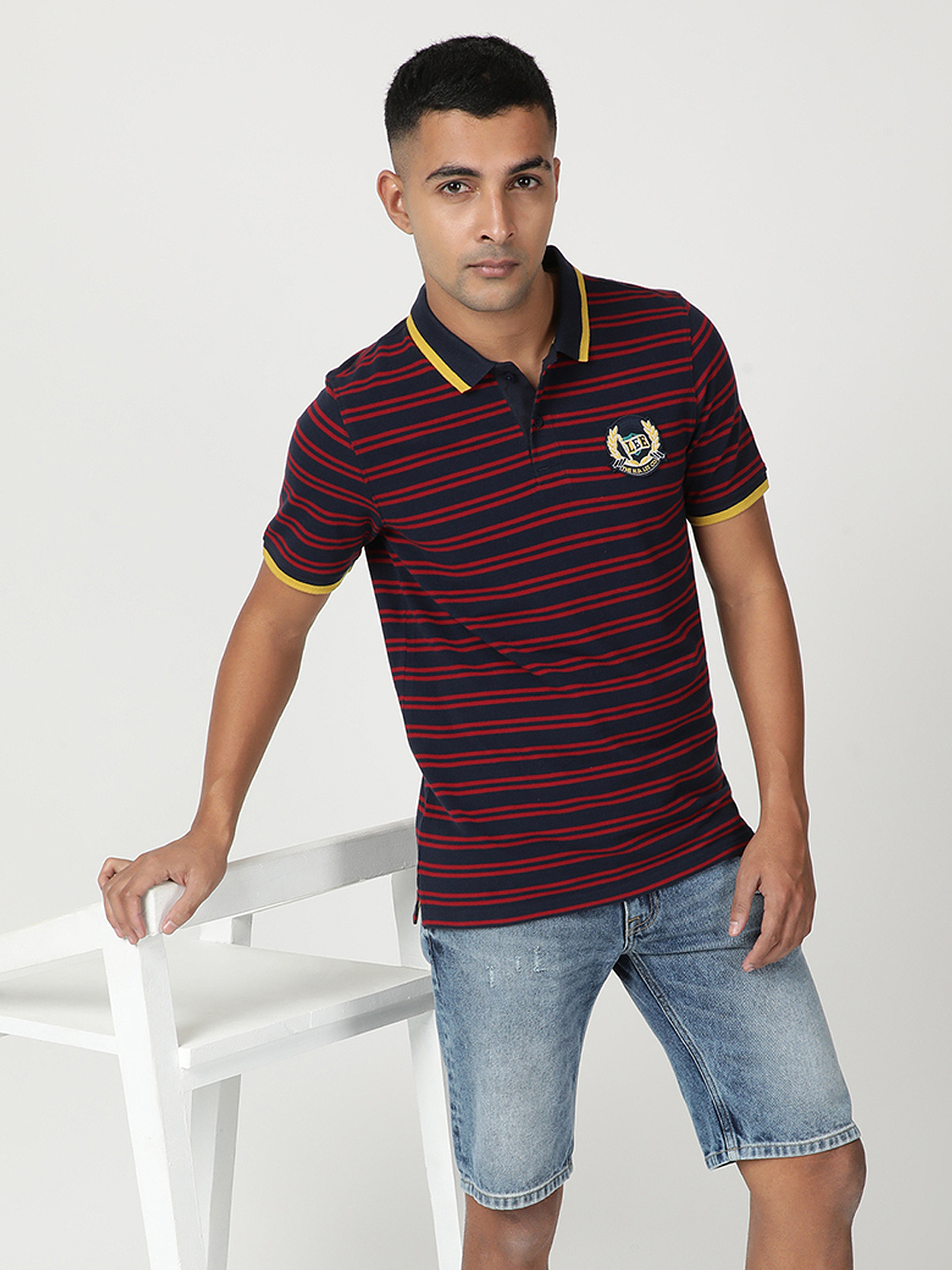 Buy Lee Men Striped Blue Polo Neck Slim Fit Tshirt | Lee