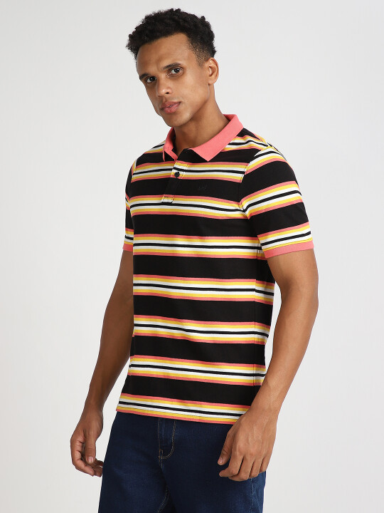 Lee Men's Striped Black Polo T- Shirt (Slim)