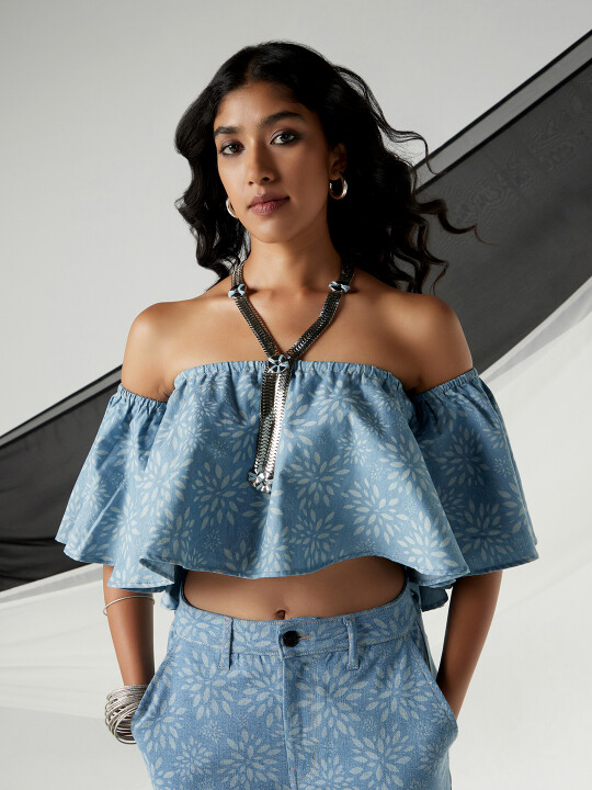 Buy Women Metal Embellishment Blue Off Shoulder Top | Lee® India