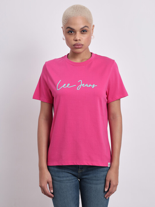 Buy Lee Women Logo Pink Crew Neck Regular Fit Tshirt | Lee® India