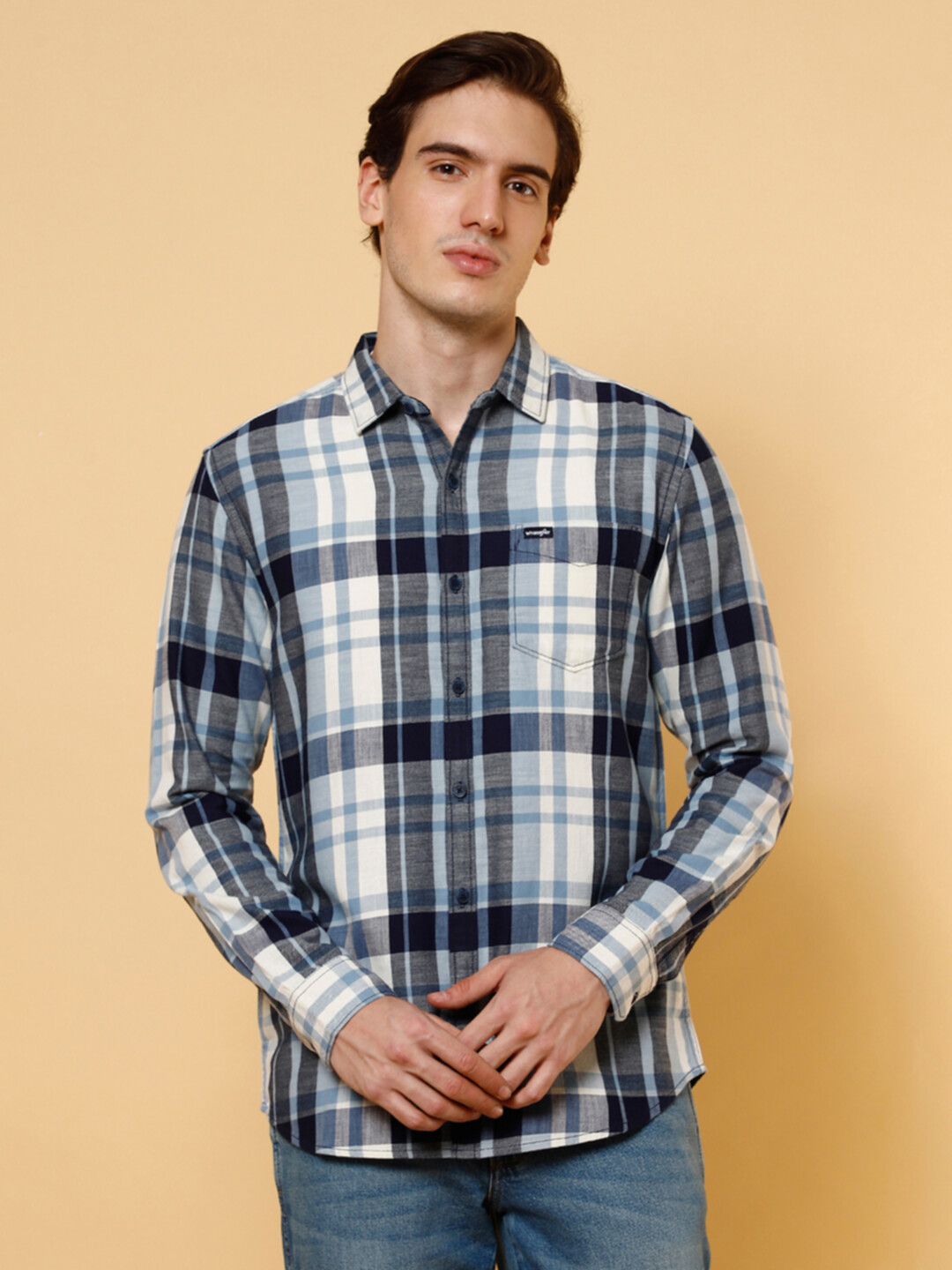 Buy Men Checkered Blue Regular Fit Shirt | Wrangler® India