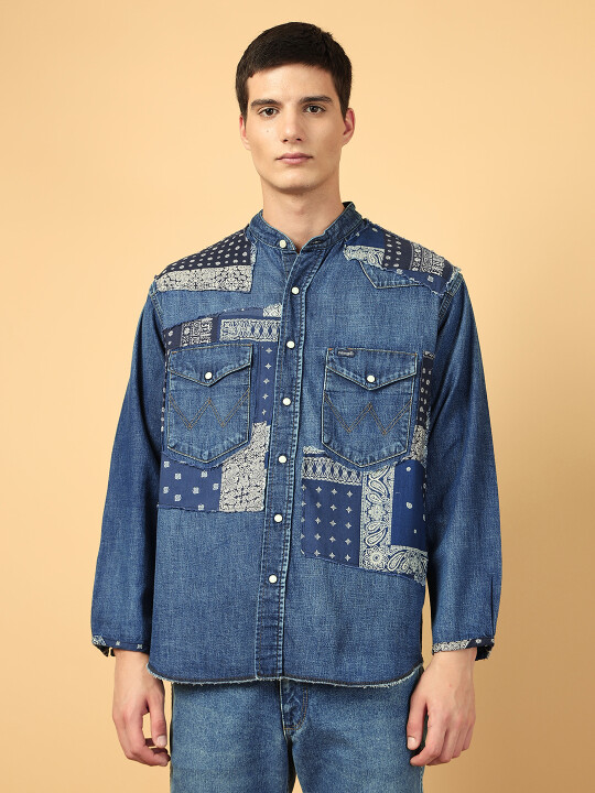 Buy Men Printed Blue Patchwork Oversize Fit Shirt Wrangler