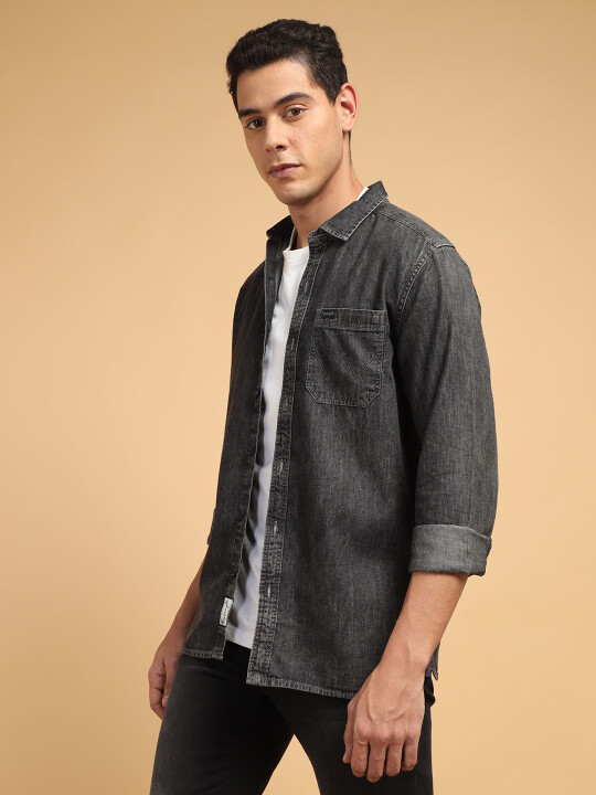 Denim Shirt Black And Grey Shirt Mens Buy Men Solid Black Denim