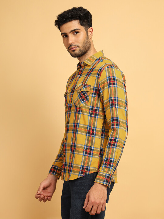 Buy Men Checked Yellow Regular Fit Shirt Wrangler® India