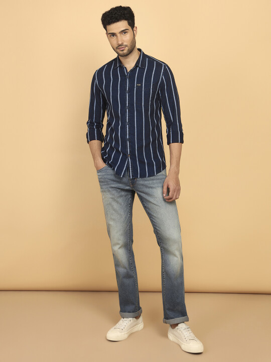 Buy Men Striped Blue Denim Regular Fit Shirt Wrangler® India