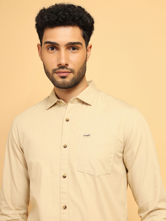 Men Solid Beige Regular Fit Shirt