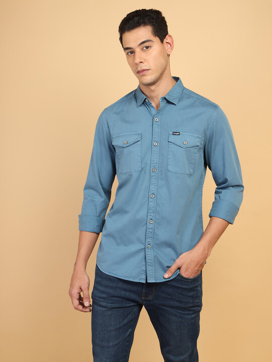 Buy Men Solid Blue Double Flap Pocket Regular Fit Shirt Wrangler