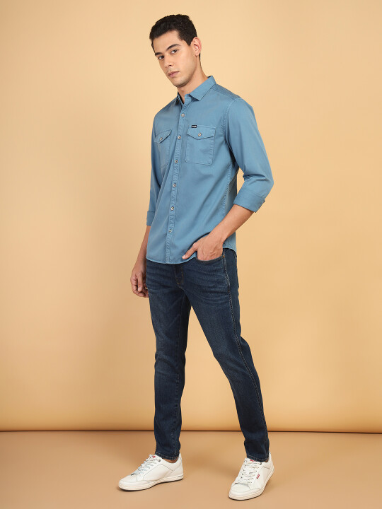 Buy Men Solid Blue Double Flap Pocket Regular Fit Shirt | Wrangler
