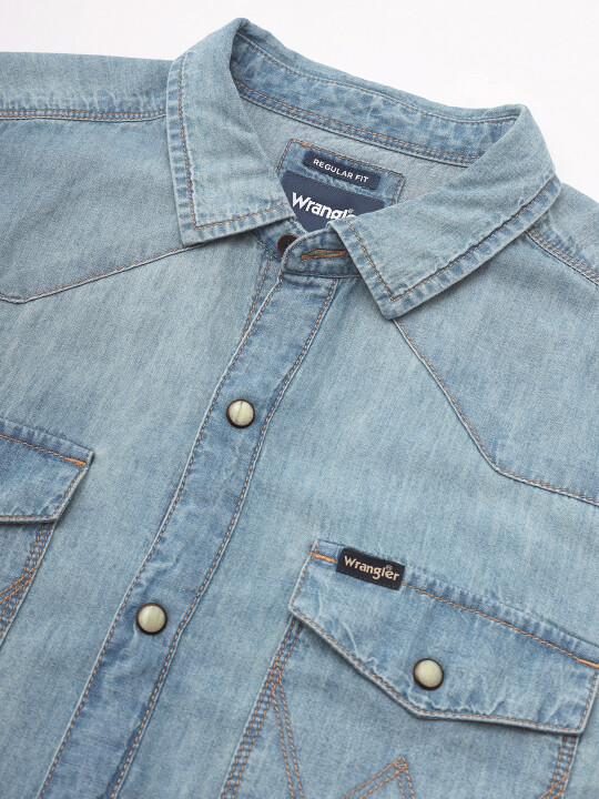 Buy Men Solid Blue Denim Regular Fit Shirt Wrangler® India