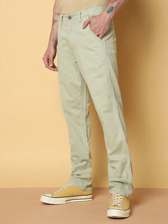 Buy Men Green Cotton Mid Rise Regular Fit Trousers | Wrangler
