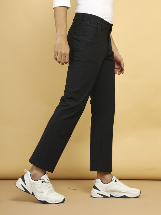 Buy Men Black Cotton Polyester Blend Mid Rise Trousers