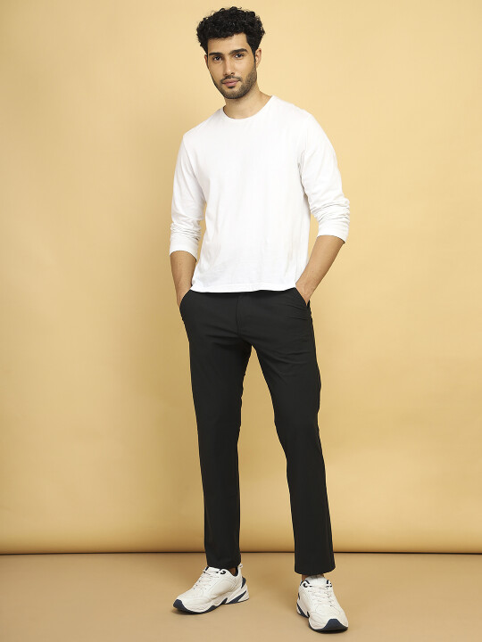 Buy Men Black Cotton Polyester Blend Mid Rise Trousers