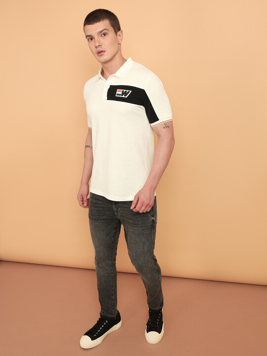 Buy Men Textured White Polo Neck Regular Fit Tshirt Wrangler