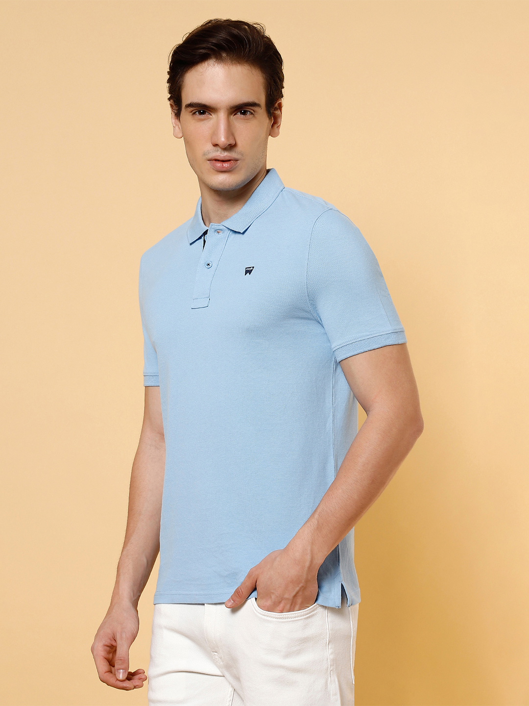 Buy Wrangler Men Solid Blue Polo Neck Regular Fit Tshirt