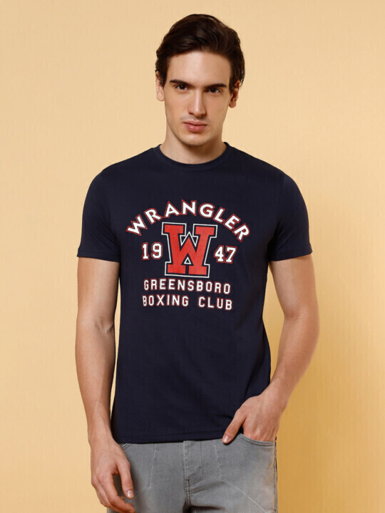 Buy Wrangler Men's Graphic Print Blue Crew Neck T-Shirt (Regular