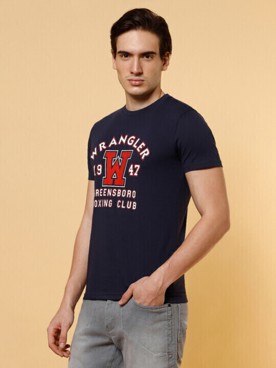 Buy Wrangler Men's Graphic Print Blue Crew Neck T-Shirt (Regular