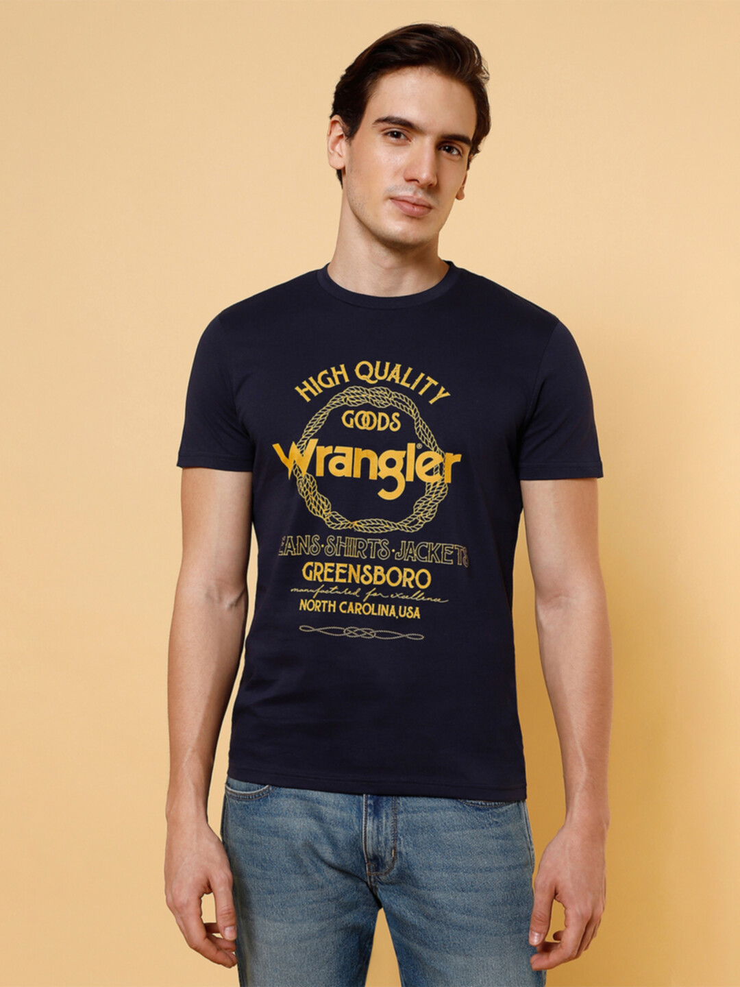 Buy Men Graphic Print Blue Crew Neck Regular Fit Tshirt Wrangler