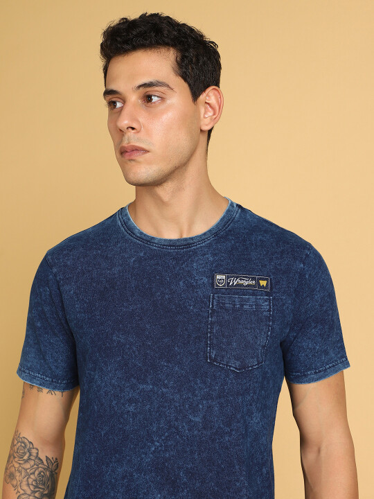 Buy Wrangler Men Solid Blue Crew Neck Regular Fit Tshirt