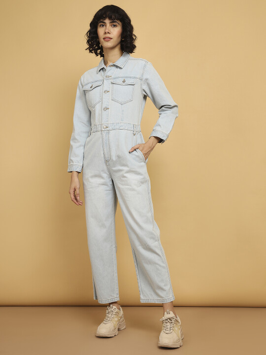 Buy Women Solid Blue Collar Regular Fit Jumpsuit Wrangler® India