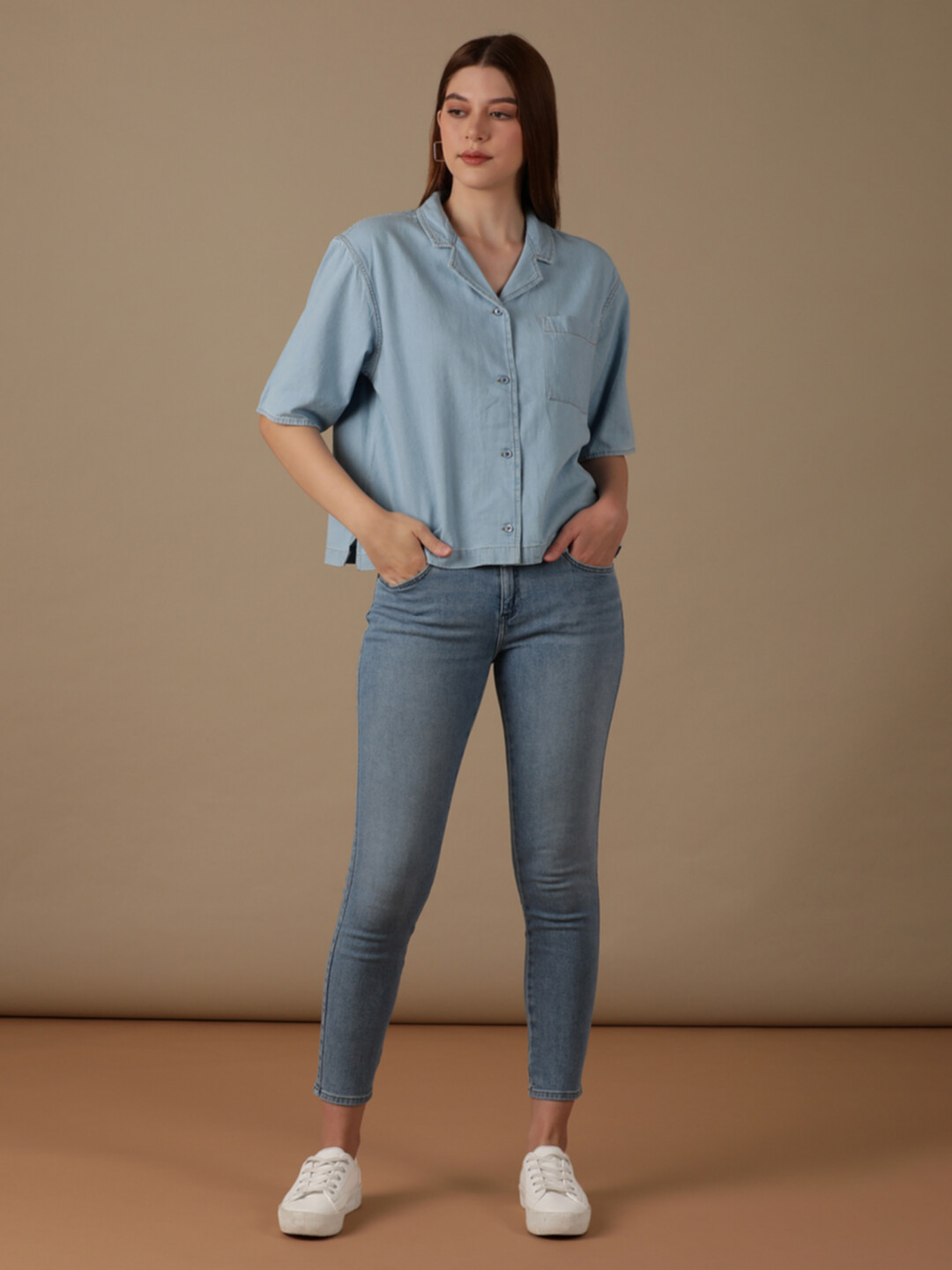 Wrangler Women's Solid Blue Cutaway Shirt (Regular) - Main Image