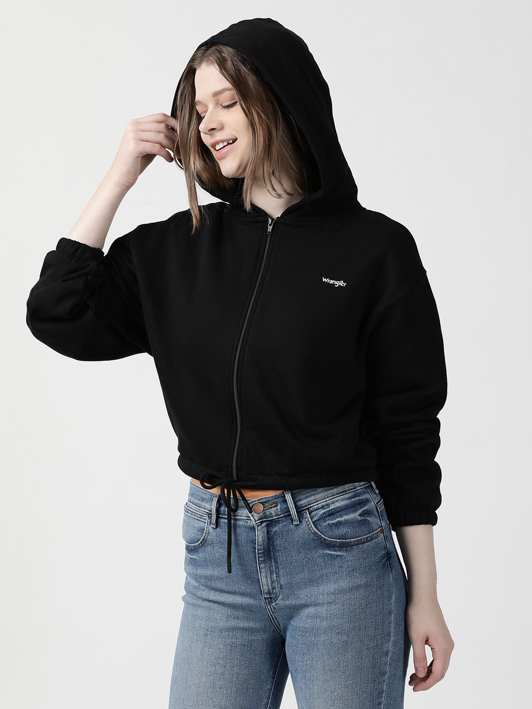 Wrangler Women's Solid Black Swaetshirt (Boxy)