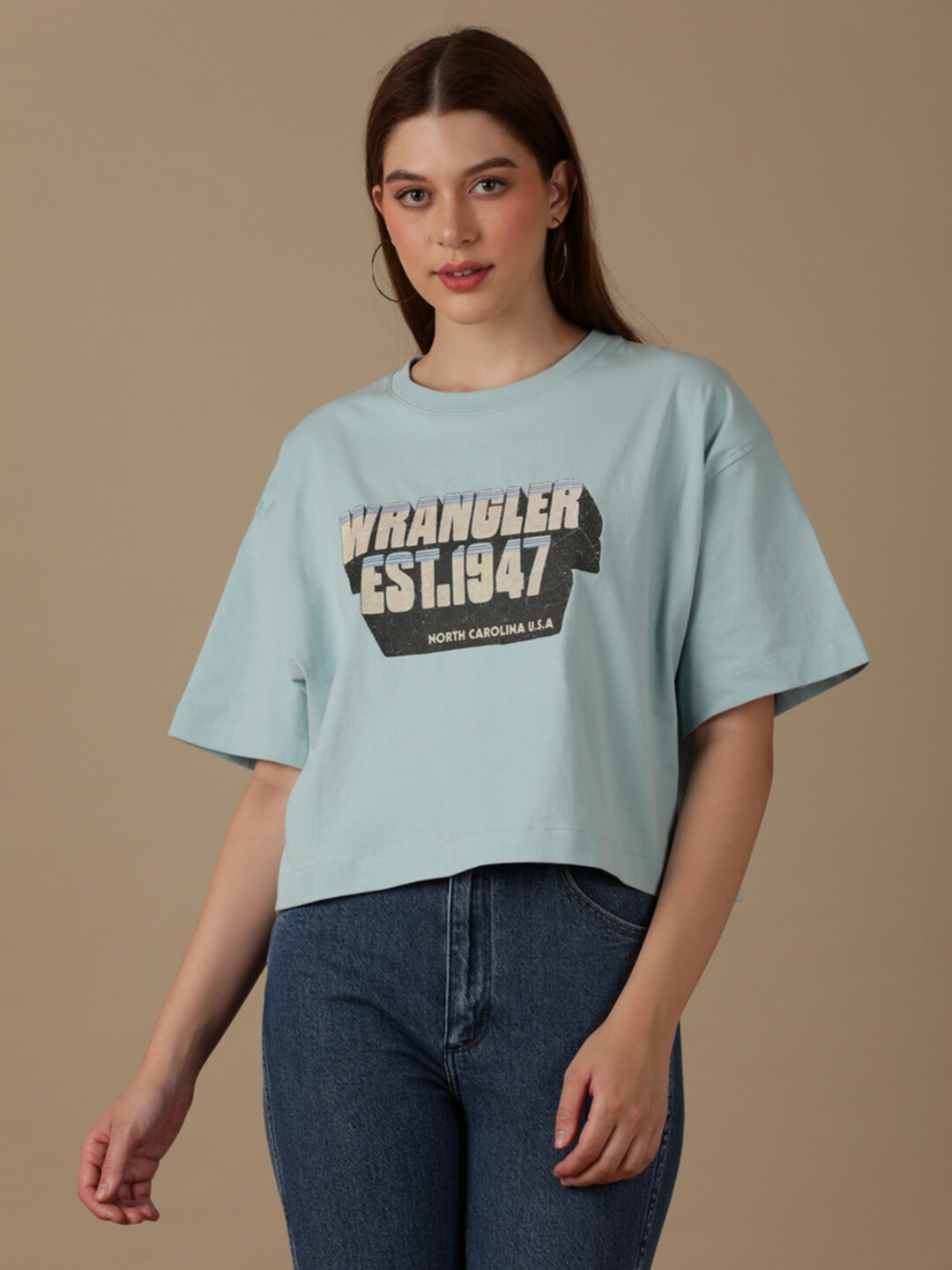 Buy Women Graphic Blue Crew Neck Boxy Fit Tshirt | Wrangler® India
