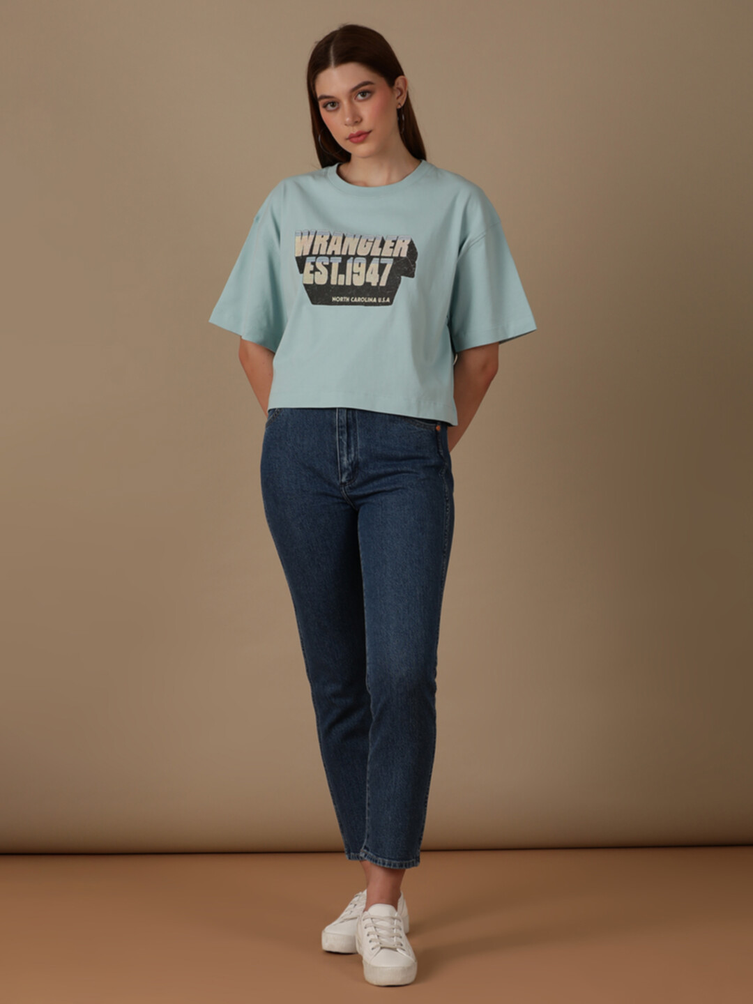 Buy Women Graphic Blue Crew Neck Boxy Fit Tshirt | Wrangler