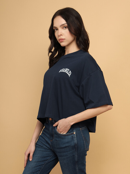Buy Women Printed Blue Crew Neck Boxy Fit Tshirt | Wrangler® India