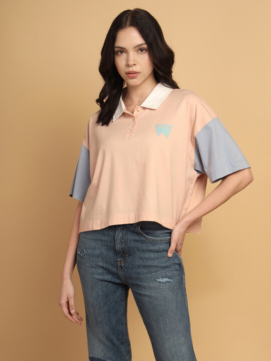Buy Women Colorblock Pink Collar Oversize Fit Tshirt Wrangler